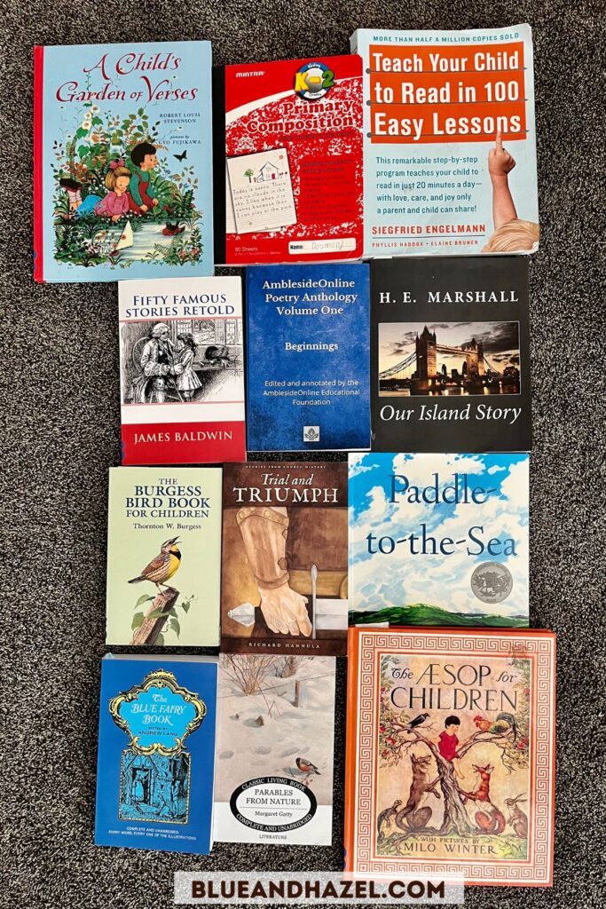 Flat lay of year 1 Ambleside Online books