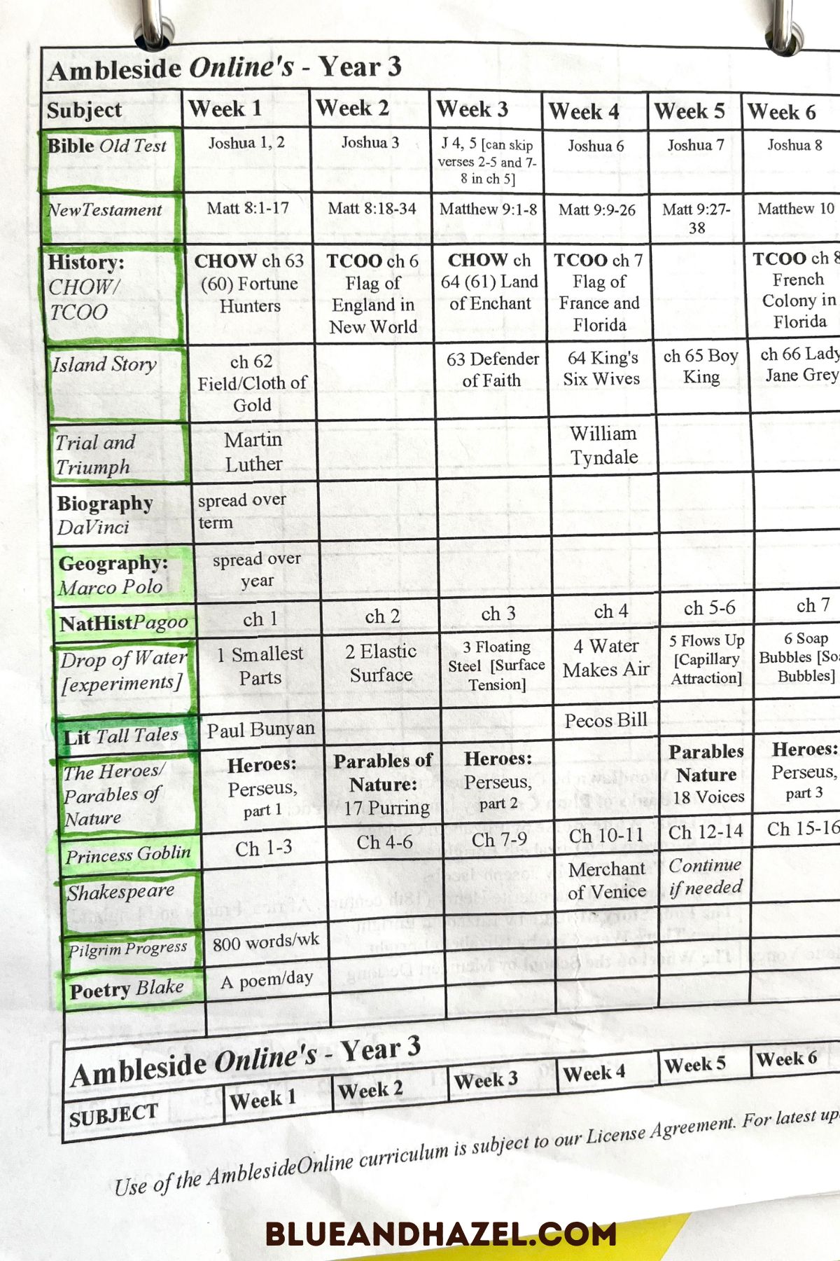 Close up of Term 1 of Ambleside Online Year 3 book schedule