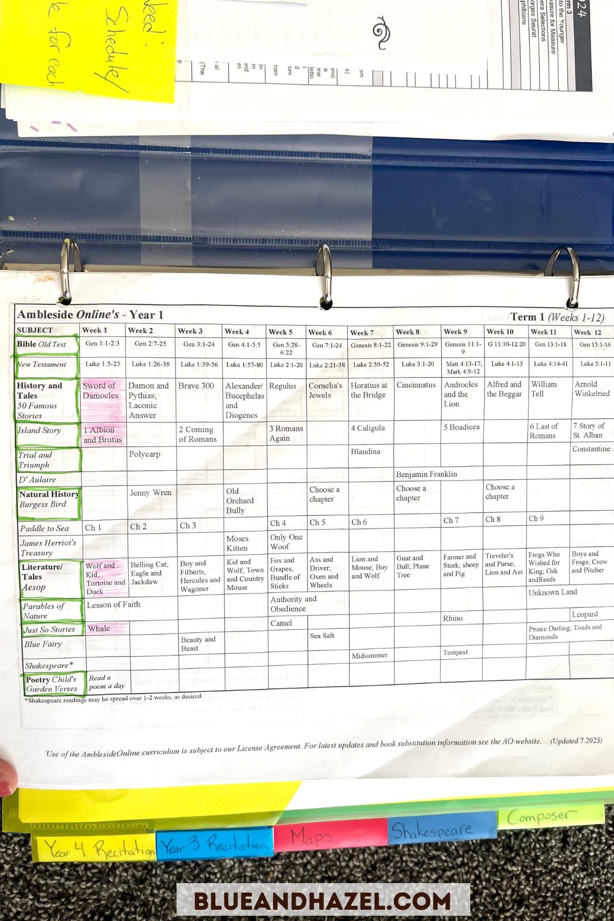 Close up schedule of term 1 of Ambleside Online book schedule. 