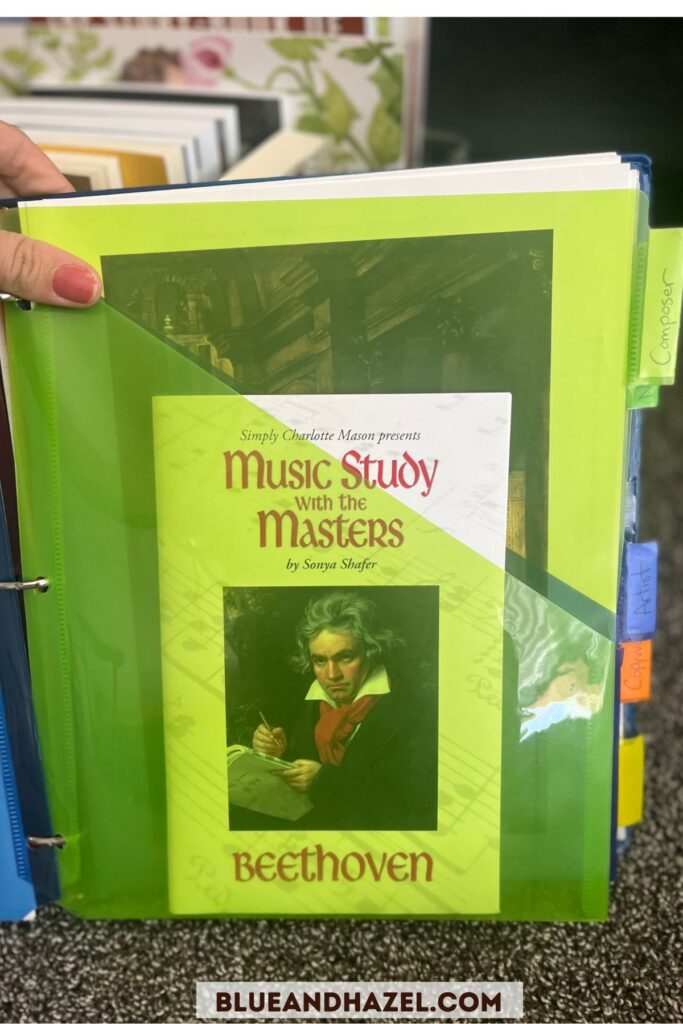 Composer Study organization in a binder using Simply Charlotte Mason Music Study with the Masters booklet. 