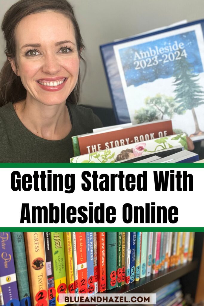 A homeschool mom holding a folder labeled Ambleside Online 2023-2024 with a bin of books and text on the photo saying, "Getting started with Ambleside Online" 