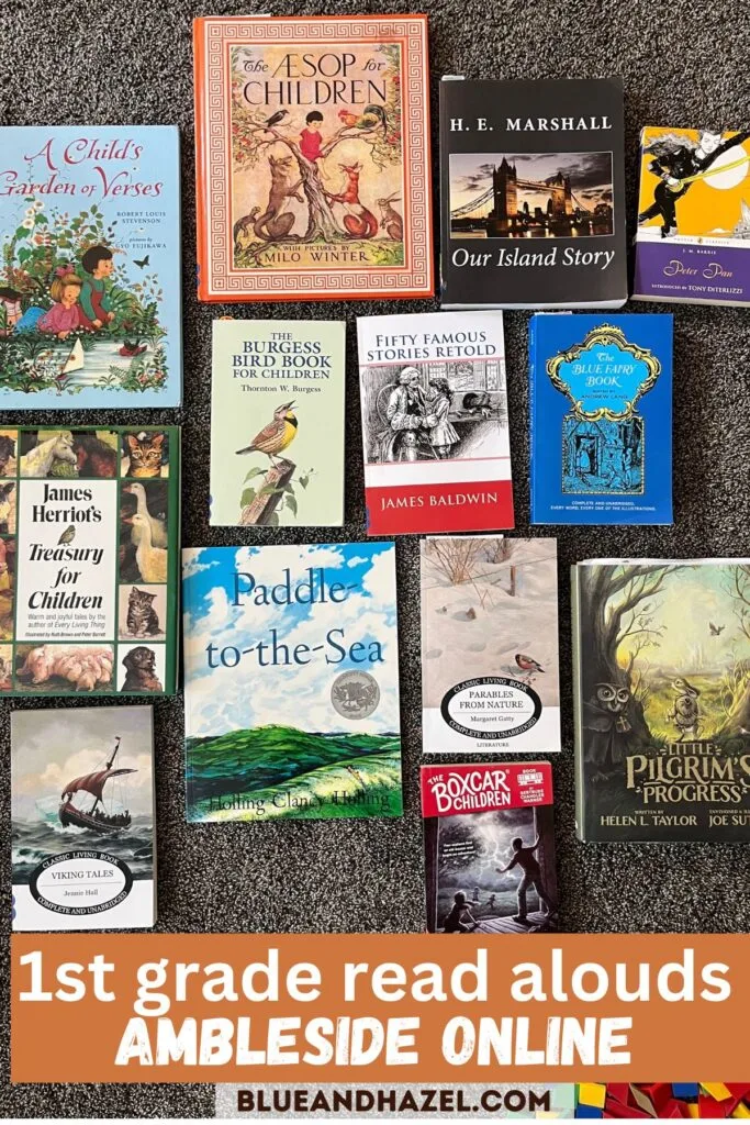 Year 1 Ambleside Online books laid out on the floor with titles showing.