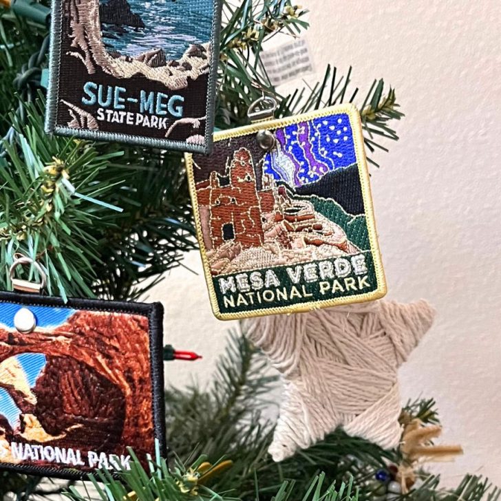 National park and state park iron on patches turned into a Christmas ornament and hung on the tree