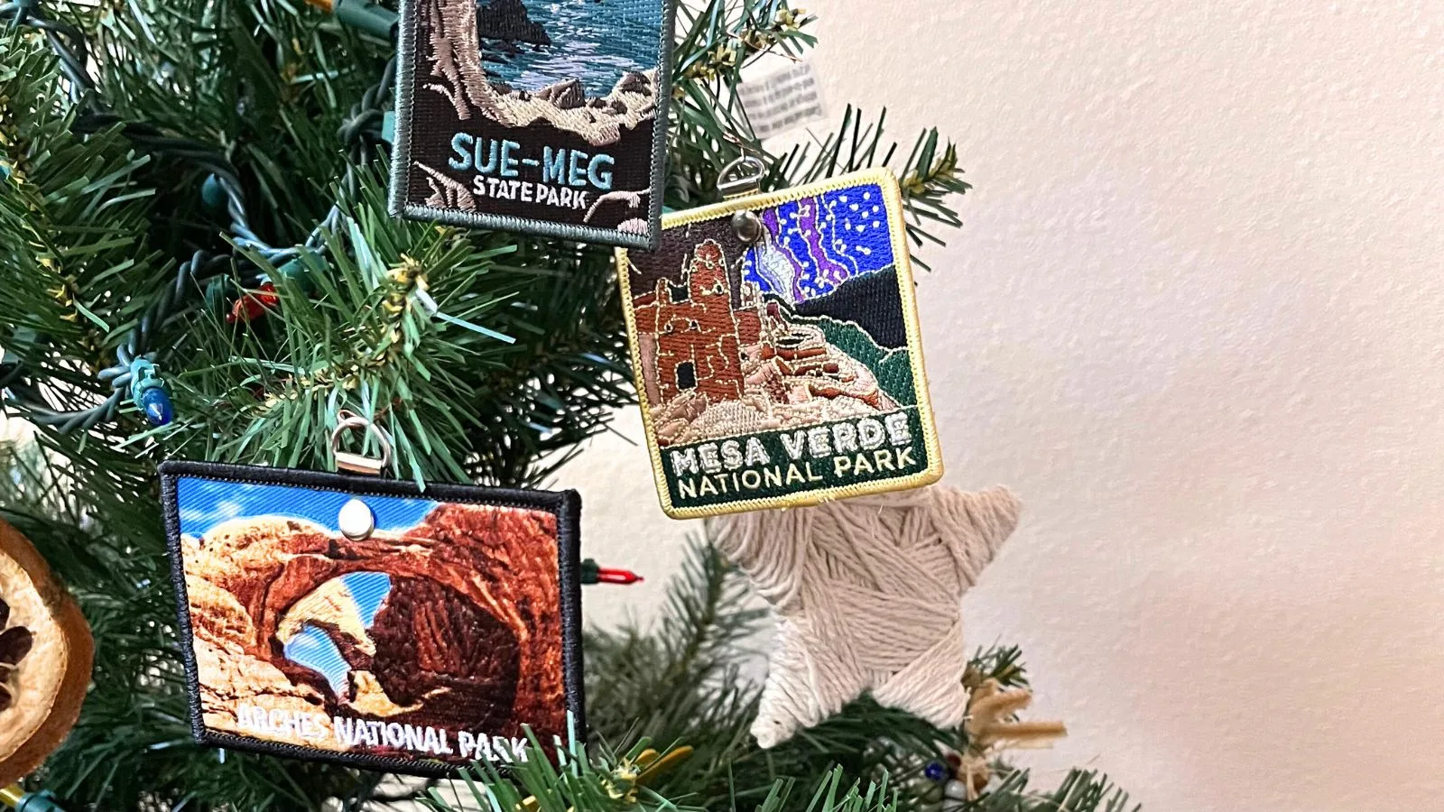National park and state park iron on patches turned into a Christmas ornament and hung on the tree